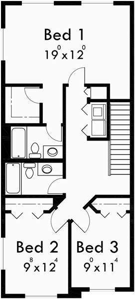 Upper Floor Plan for D-515-5 Townhouse plans, 5 plex plans, row house plans, townhouse plans with basement, townhouse plans for sloping lots, D-515-5