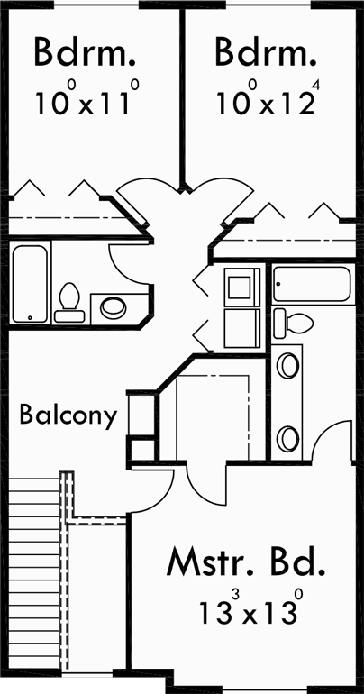 Upper Floor Plan for D-467 Duplex House Plans, 2 story duplex house plans, 2 - 3 - & 4 units available, Traditional house plans, D-467