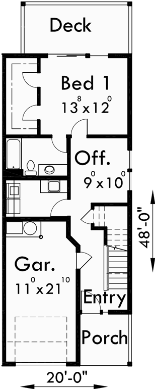 Lower Floor Plan for D-471 Duplex house plans, sloping lot duplex house plans, master on the main house plans, D-471