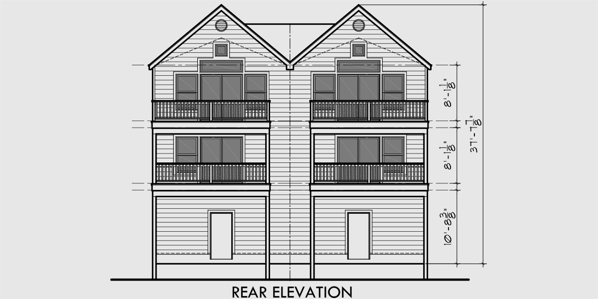 House rear elevation view for D-471 Duplex house plans, sloping lot duplex house plans, master on the main house plans, D-471