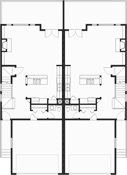 Main Floor Plan 2 for D-451 Craftsman duplex house plans, luxury townhouse plans, 2 bedroom duplex plans, duplex plans with 2 car garage, duplex plans with basement, house plans with double master suites D-451