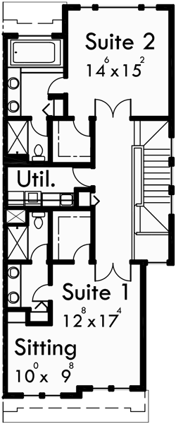 Upper Floor Plan for D-451 Craftsman duplex house plans, luxury townhouse plans, 2 bedroom duplex plans, duplex plans with 2 car garage, duplex plans with basement, house plans with double master suites D-451