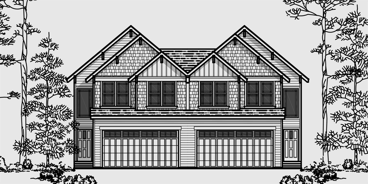 House front color elevation view for D-451 Craftsman duplex house plans, luxury townhouse plans, 2 bedroom duplex plans, duplex plans with 2 car garage, duplex plans with basement, house plans with double master suites D-427