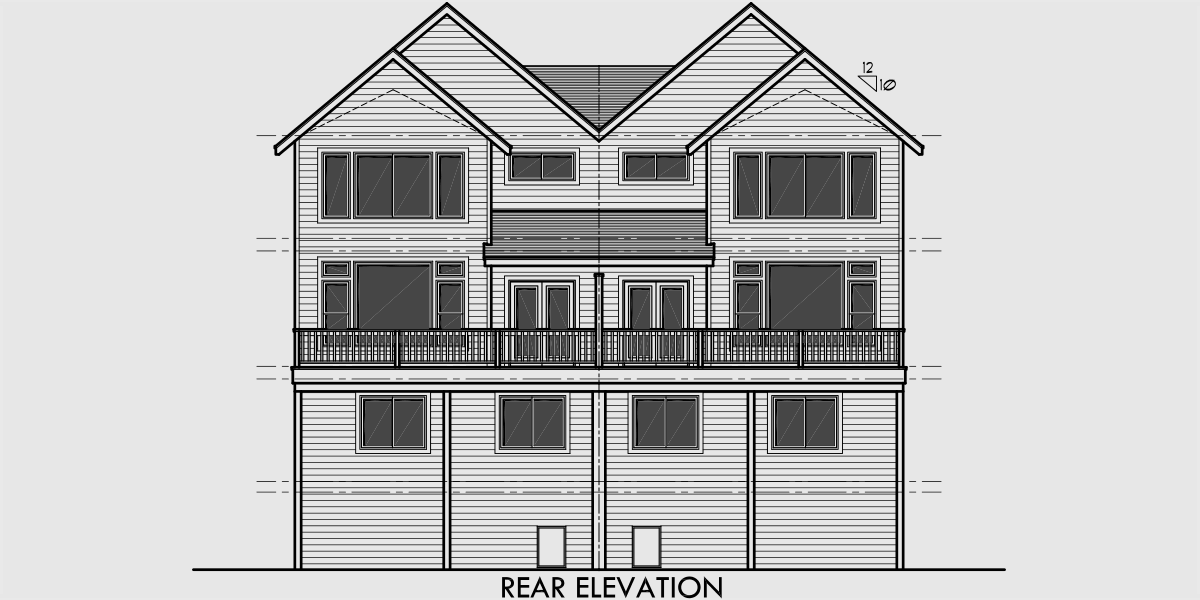 House side elevation view for D-451 Craftsman duplex house plans, luxury townhouse plans, 2 bedroom duplex plans, duplex plans with 2 car garage, duplex plans with basement, house plans with double master suites D-427