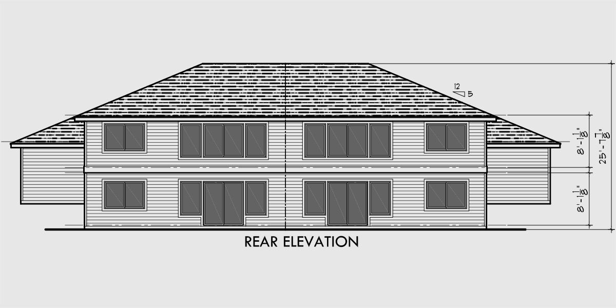 House side elevation view for D-492 Duplex house plans, split level duplex house plans, D-492