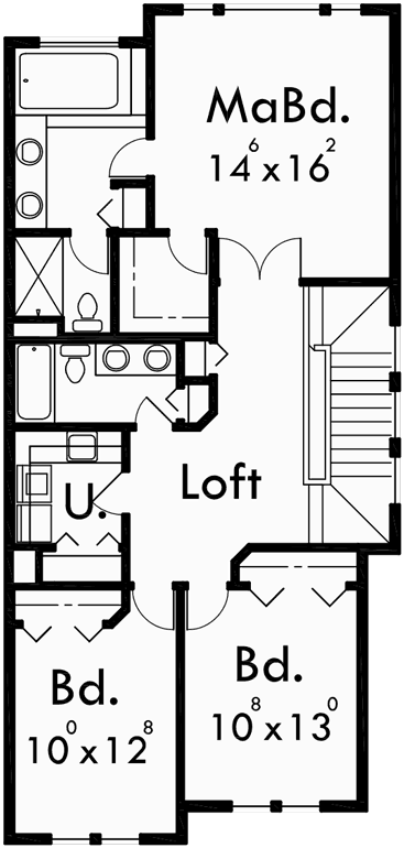 Upper Floor Plan for D-427 Craftsman duplex house plans, Luxury duplex house plans, duplex house plans with basement, D-427