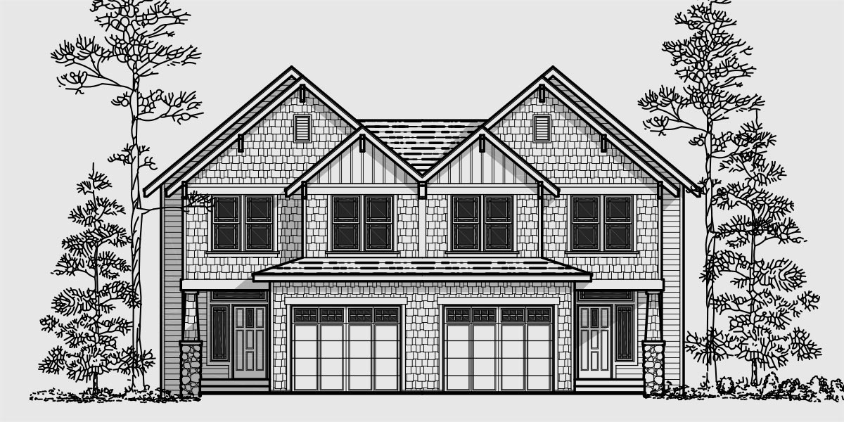 D-427 Craftsman duplex house plans, Luxury duplex house plans, duplex house plans with basement, D-427