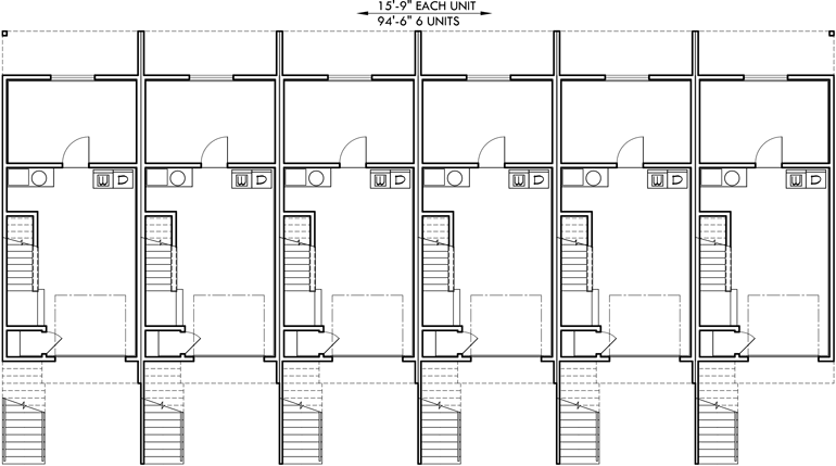 Lower Floor Plan 2 for 6 unit townhouse plans, 6 plex plans, double master bedroom house plans, D-442