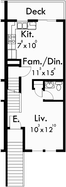 Main Floor Plan for D-442 6 unit townhouse plans, 6 plex plans, double master bedroom house plans, D-442