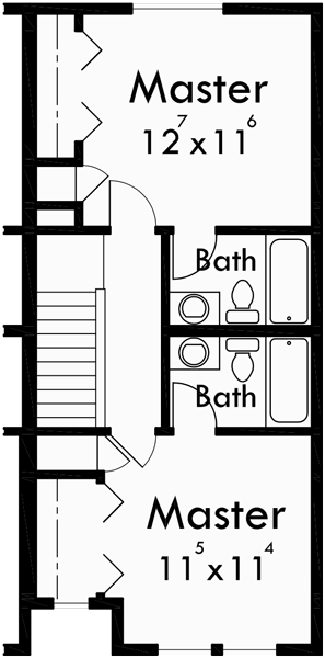 Upper Floor Plan for D-442 6 unit townhouse plans, 6 plex plans, double master bedroom house plans, D-442