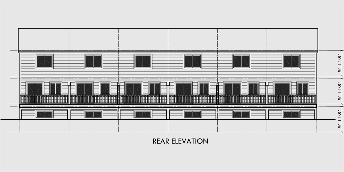 House rear elevation view for D-442 6 unit townhouse plans, 6 plex plans, double master bedroom house plans, D-442