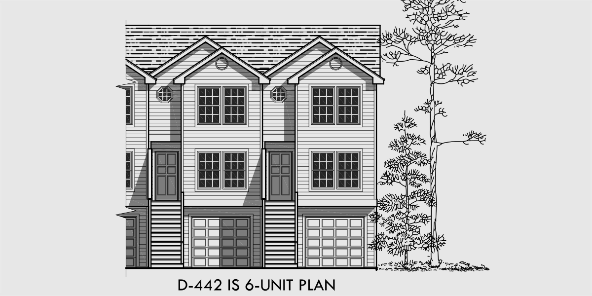 D-442 6 unit townhouse plans, 6 plex plans, double master bedroom house plans, D-442