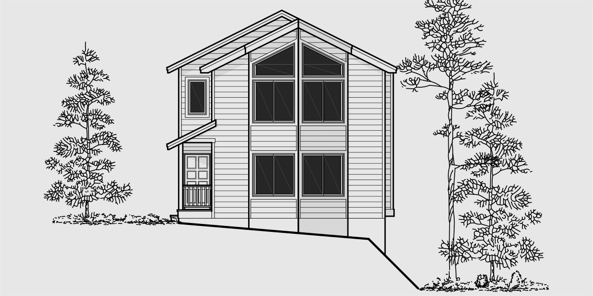 House front color elevation view for D-493 Duplex house plans, stacked duplex house plans, duplex house plans with garage, corner lot duplex plans, D-493