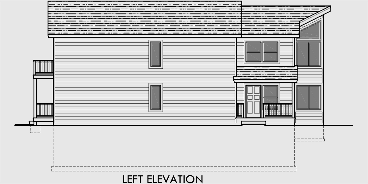 House rear elevation view for D-493 Duplex house plans, stacked duplex house plans, duplex house plans with garage, corner lot duplex plans, D-493