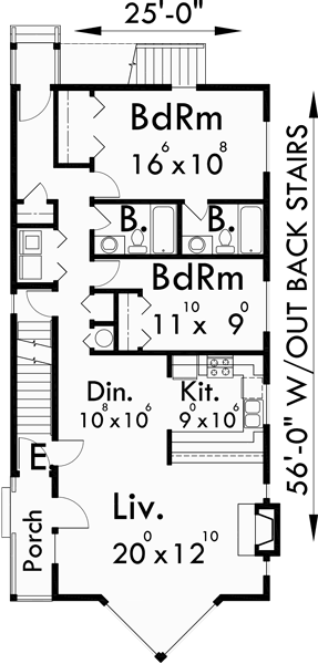 Main Floor Plan for D-493 Duplex house plans, stacked duplex house plans, duplex house plans with garage, corner lot duplex plans, D-493