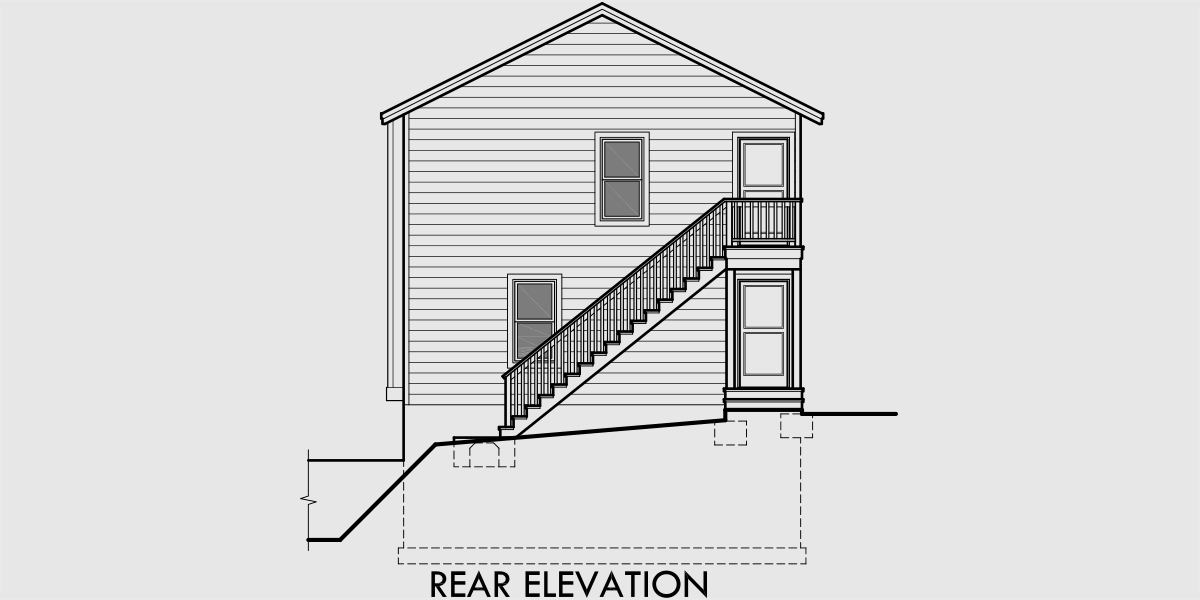 House side elevation view for D-493 Duplex house plans, stacked duplex house plans, duplex house plans with garage, corner lot duplex plans, D-493