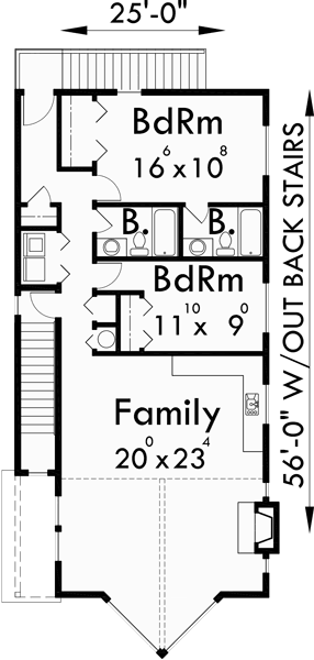 Upper Floor Plan for D-493 Duplex house plans, stacked duplex house plans, duplex house plans with garage, corner lot duplex plans, D-493