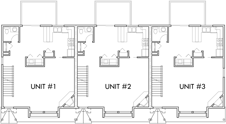 Main Floor Plan 2 for D-483 Triplex 3 Bedroom, 2 Car Garage, Side to Side Sloping Lot