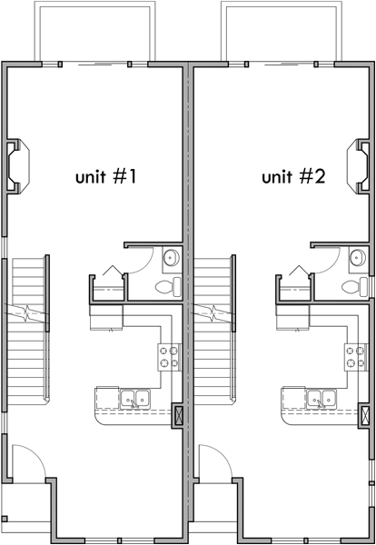 Main Floor Plan 2 for D-518 Duplex house plans, duplex house plan for sloping lot, rear garage house plans, 2 master bedroom house plans, D-518