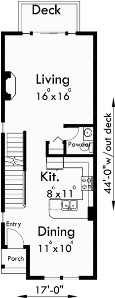 Main Floor Plan for D-518 Duplex house plans, duplex house plan for sloping lot, rear garage house plans, 2 master bedroom house plans, D-518