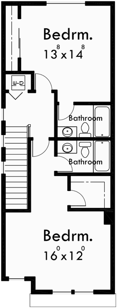 Upper Floor Plan for D-518 Duplex house plans, duplex house plan for sloping lot, rear garage house plans, 2 master bedroom house plans, D-518