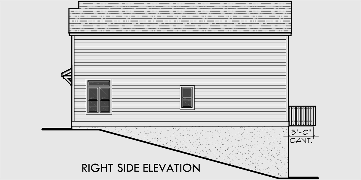 House rear elevation view for D-518 Duplex house plans, duplex house plan for sloping lot, rear garage house plans, 2 master bedroom house plans, D-518