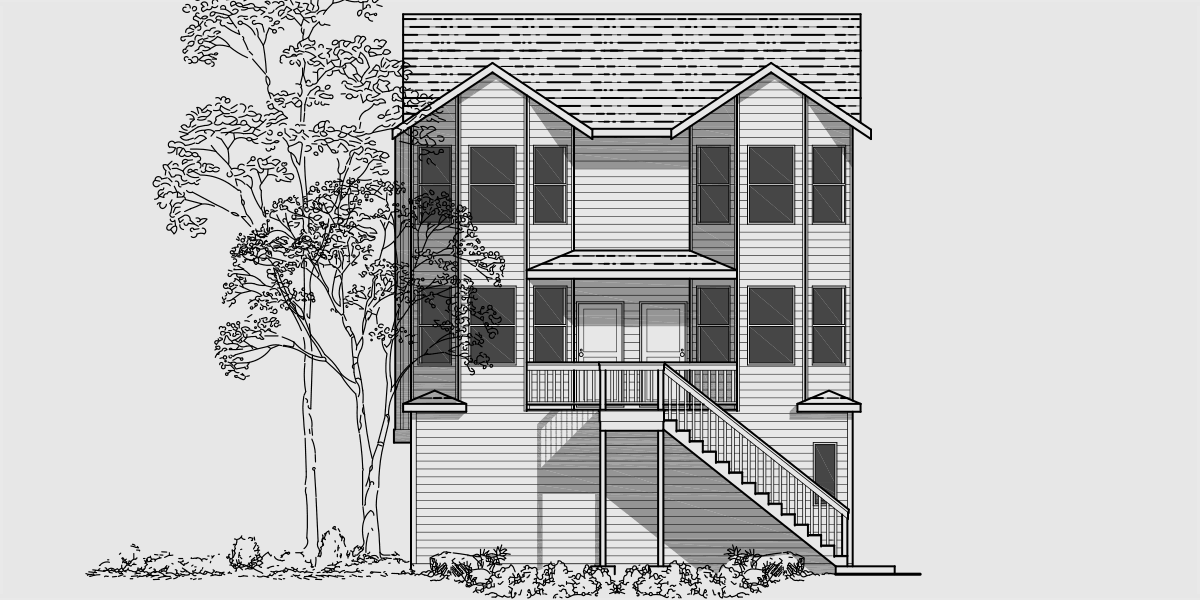 House front color elevation view for D-399 Duplex house plans, mixed use building plans, duplex plans with office, mixed use multifamily house plans, D-399