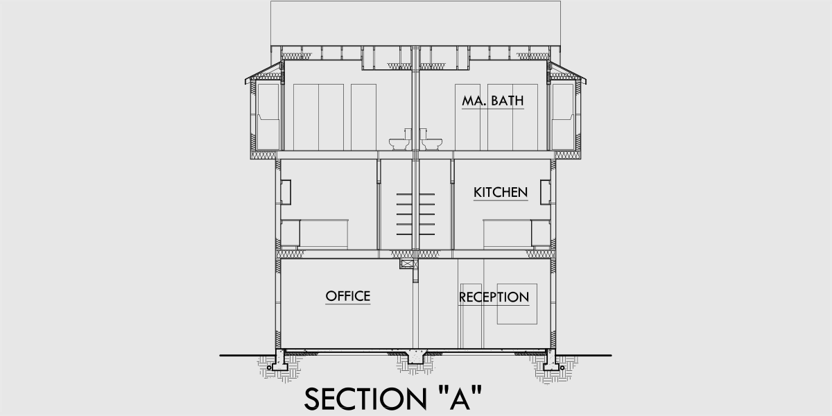 House rear elevation view for D-399 Duplex house plans, mixed use building plans, duplex plans with office, mixed use multifamily house plans, D-399