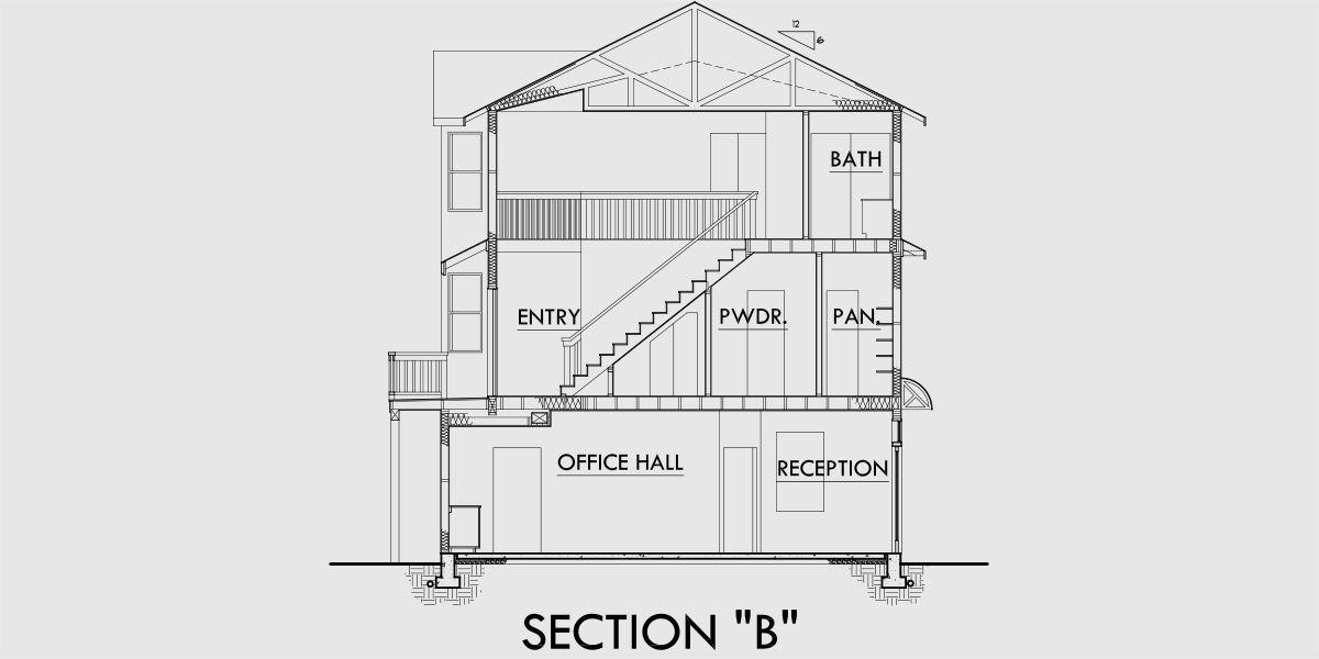 House rear elevation view for D-399 Duplex house plans, mixed use building plans, duplex plans with office, mixed use multifamily house plans, D-399