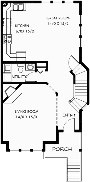 Main Floor Plan for D-403 Victorian townhouse plans, duplex house plans, D-403