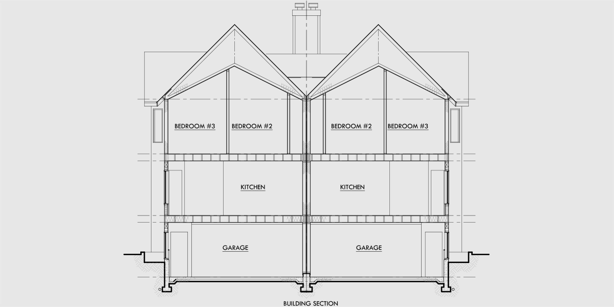 House rear elevation view for D-403 Victorian townhouse plans, duplex house plans, D-403