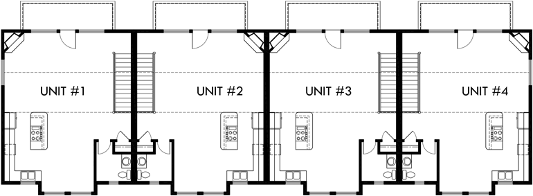 Upper Floor Plan 2 for Fourplex house plans, 3 story town house, 3 bedroom townhouse, 4 plex plans with garage, F-546