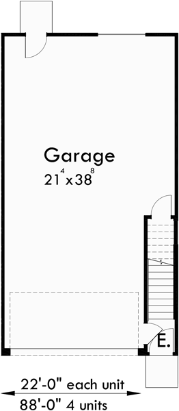 Lower Floor Plan for F-538 4 plex plans, townhome plans, 4 bedroom townhouse, 4 plex plans with garage, F-538