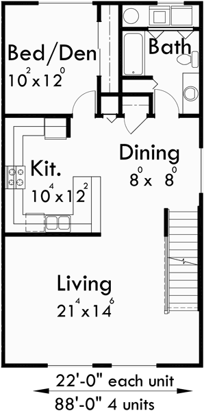 Main Floor Plan for F-538 4 plex plans, townhome plans, 4 bedroom townhouse, 4 plex plans with garage, F-538