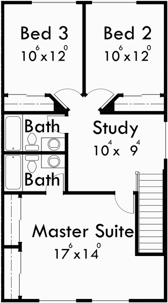 Upper Floor Plan for F-538 4 plex plans, townhome plans, 4 bedroom townhouse, 4 plex plans with garage, F-538