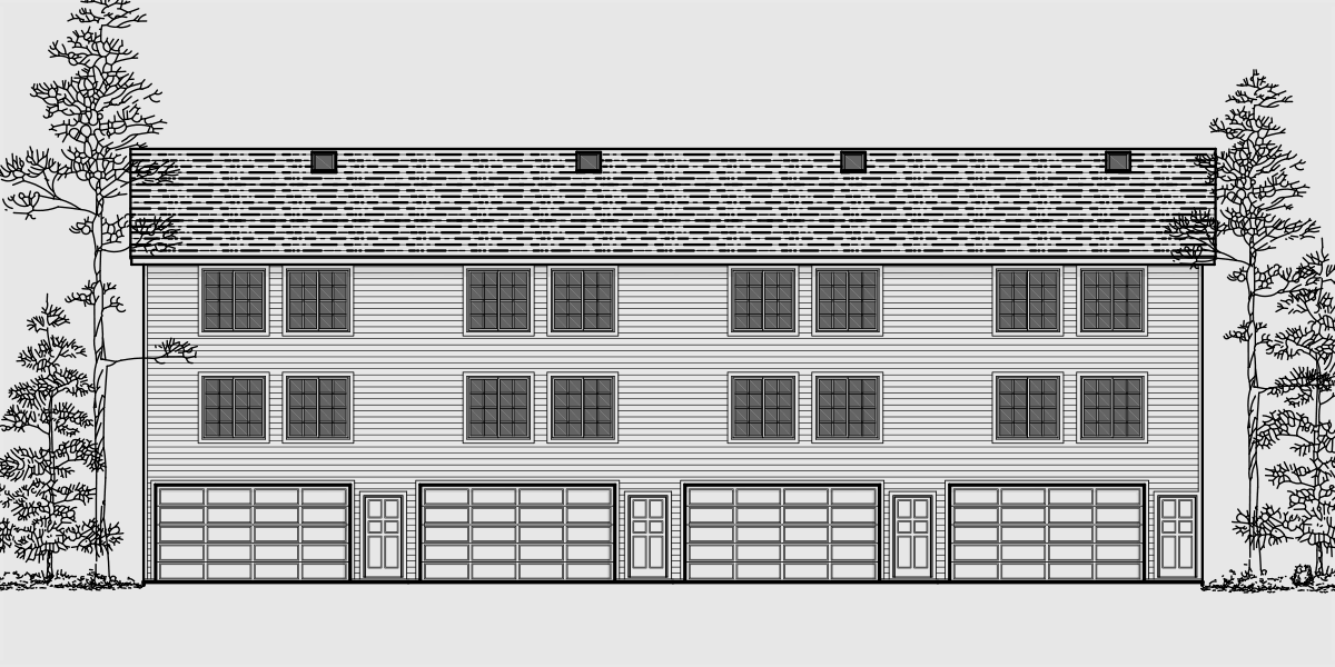 House front color elevation view for F-538 4 plex plans, townhome plans, 4 bedroom townhouse, 4 plex plans with garage, F-538