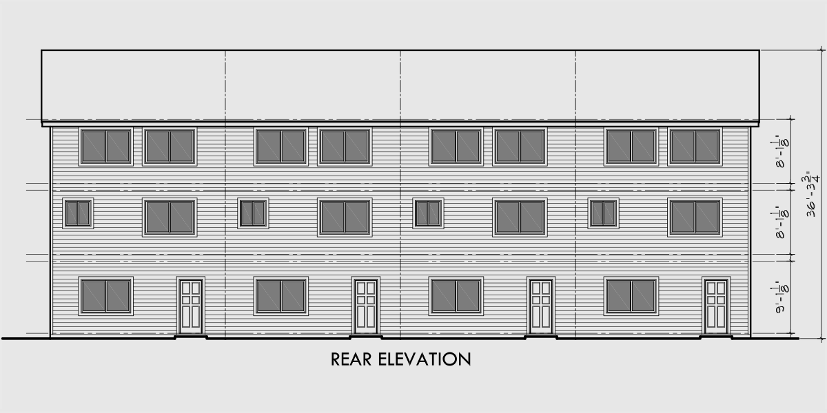 House front drawing elevation view for F-538 4 plex plans, townhome plans, 4 bedroom townhouse, 4 plex plans with garage, F-538