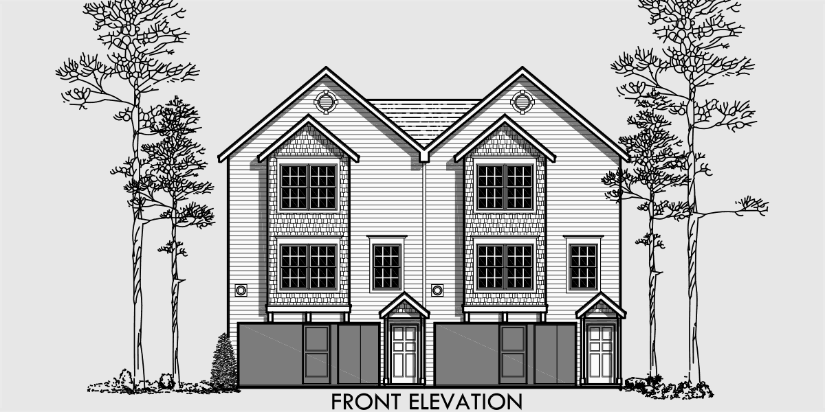 House side elevation view for D-460 Duplex house plans, 3 story duplex house plans, D-460