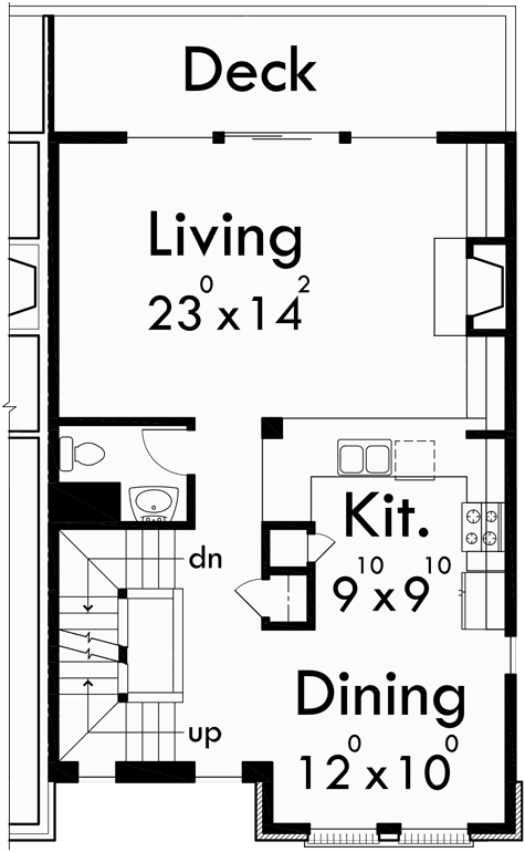 Main Floor Plan for D-489 Modern town house plans, duplex house plans, sloping lot house plans, D-489