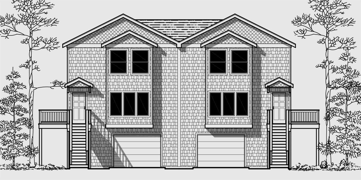 House front color elevation view for D-415 3 story townhouse plans, 4 bedroom duplex house plans, D-415