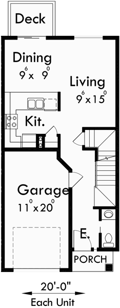 Main Floor Plan for D-504 Townhouse plans, row house plans with garage, sloping lot townhouse plans, D-504