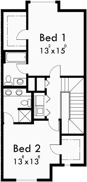 Upper Floor Plan for D-504 Townhouse plans, row house plans with garage, sloping lot townhouse plans, D-504