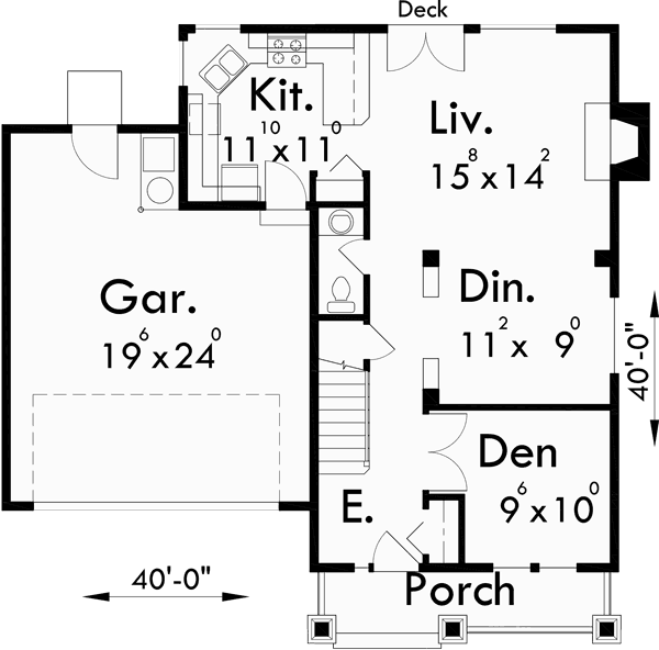 Main Floor Plan for 10104 Craftsman house plans, house plans with bonus room, 40 x 40 house plans, narrow lot house plans, 10104