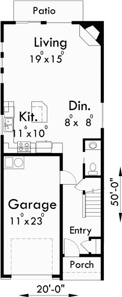 Main Floor Plan for 10105 Narrow lot house plans, small house plans with garage, 3 bedroom house plans, 20 ft wide house plans, 10105