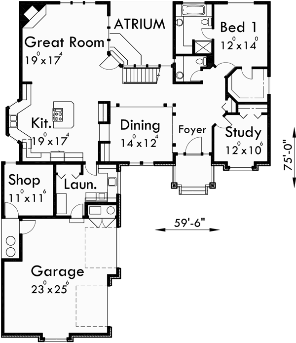 Main Floor Plan for 10052 Traditional house plan w/ atrium and side load garage