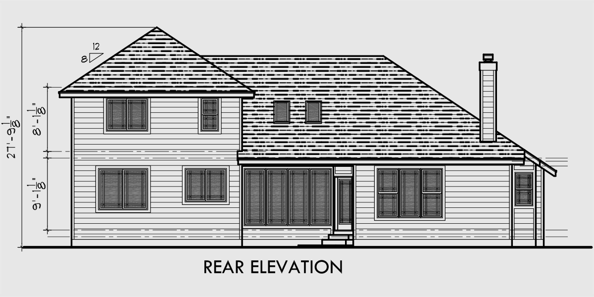 House front drawing elevation view for 10052 Traditional house plan w/ master bedroom on the main floor, walls of glass in the atrium and side load garage