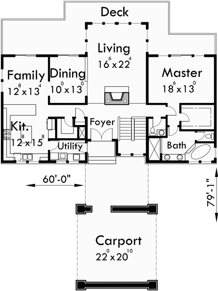 Main Floor Plan for 10044 House plans with daylight basement, drive through portico, house plans with shop, basement rec room