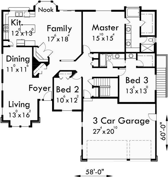 Ranch House  Plan  3  Car Garage  Basement  Storage