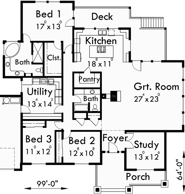 Main Floor Plan 2 for 10037 Large Ranch House Plan featuring Gable Roofs