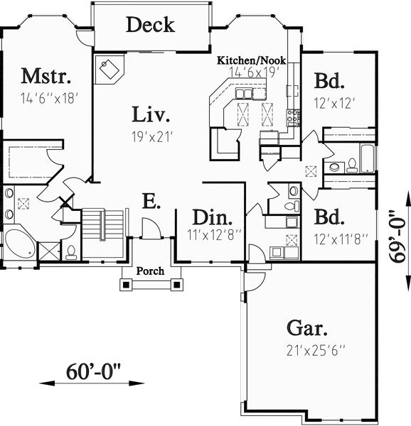 Main Floor Plan for 10001 One story house plans, daylight basement house plans, 3 bedroom house plans, side entry garage plans, side load garage plans, 10001